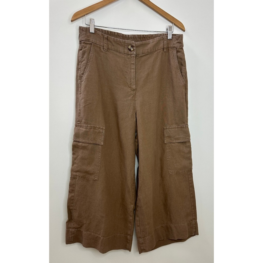 Chico's Wide Leg 100% Linen Faded Brown Relaxed Cargo Crop Pants Size 2 US 12 - Picture 2 of 16